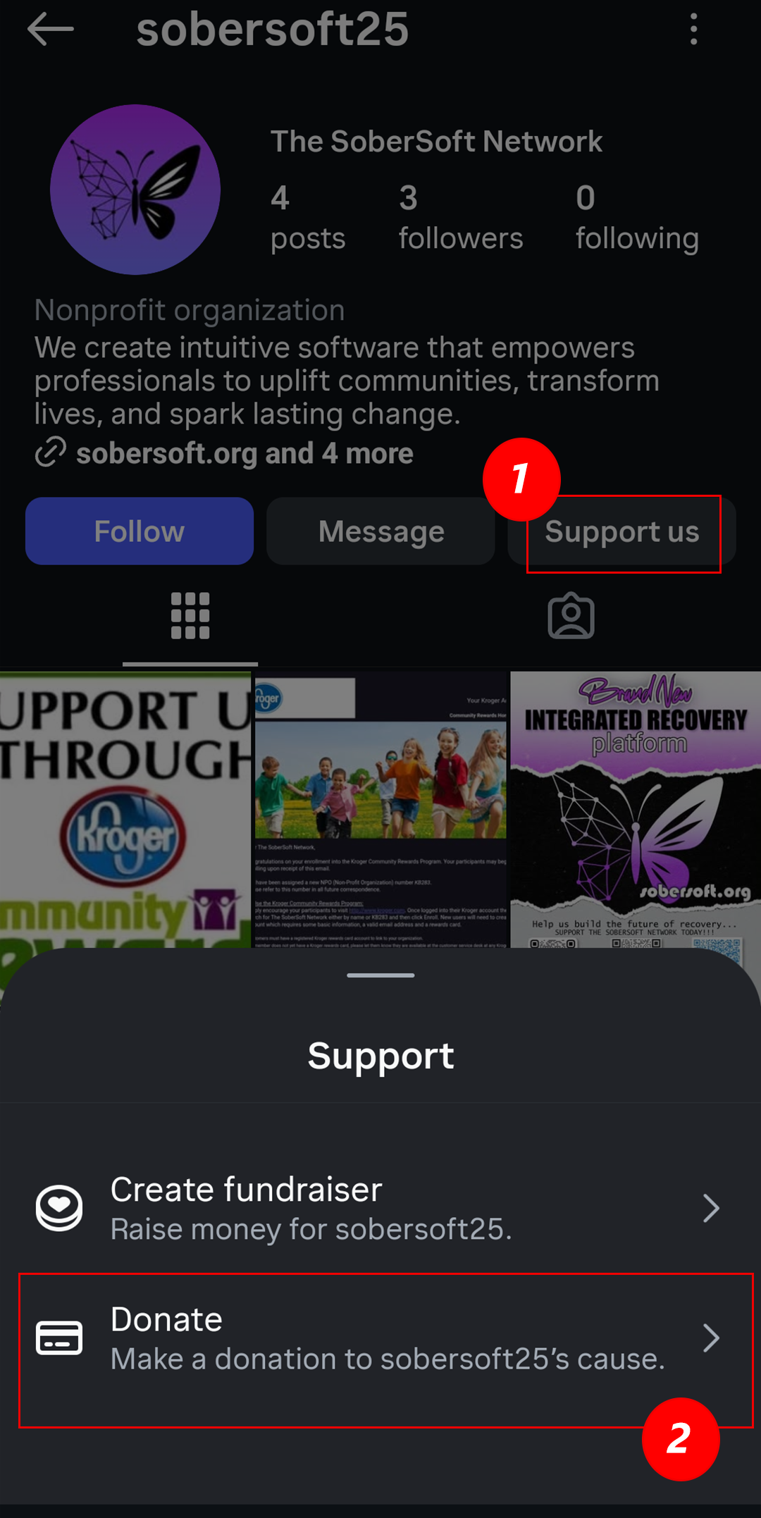 Instagram profile showing Support us button and Donate option